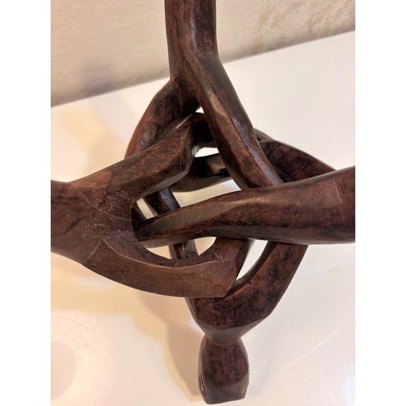 Hand Carved Wooden Sculpture Trio Figures Embracing Rustic Decor - Picture 5 of 7